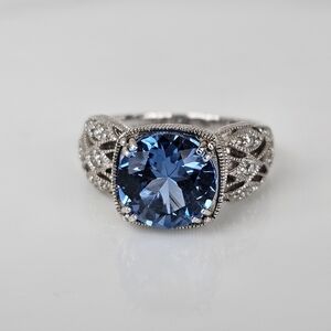 Authentic Art Deco Tacori Blue Topaz & Diamond Simulant Sterling Silver Size 7